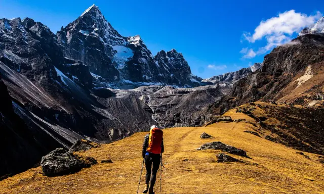 Osoba z plecakiem i kijkami idzie ścieżką przez górzysty, trawiasty teren. To jest właśnie trekking – podróżowanie pieszo po górach.