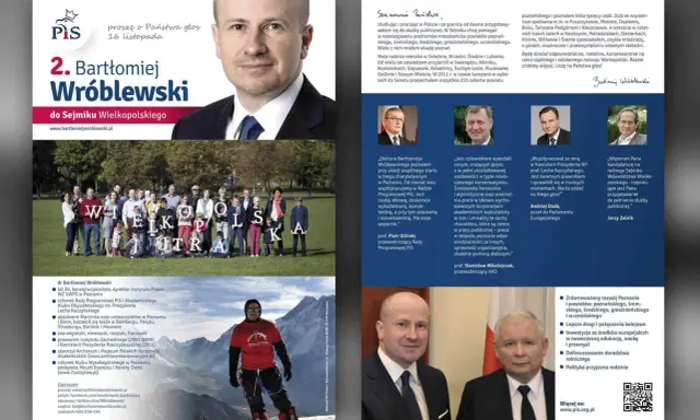 Ulotka wyborcza Bartłomieja Wróblewskiego do Sejmiku Wielkopolskiego. Kandydat PiS prezentuje swoje cele i poparcie.