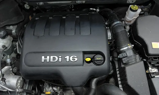 Silnik 2.0 HDi w Peugeot Expert. Widoczny czarny plastikowy dekiel z napisem HDi 16, żółty korek oleju i inne elementy komory silnika.