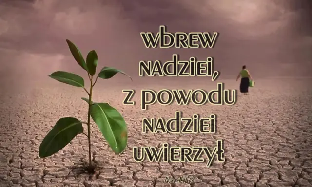 Młoda roślinka wyrasta z suchej ziemi, symbolizując nadzieję wbrew wszelkim przeciwnościom. Kobieta w oddali idzie przez pustynię, jakby wbrew logice, w tej **delulu** wierze.