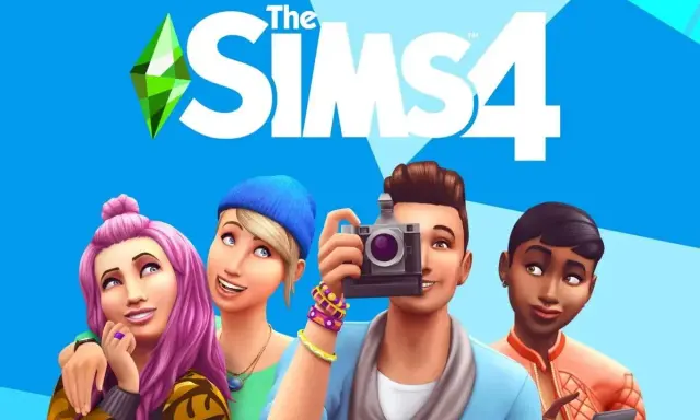 Cztery Simsy na tle logo The Sims 4. Jeden z nich robi zdjęcie aparatem. Chcesz mody na pieniądze The Sims 4?
