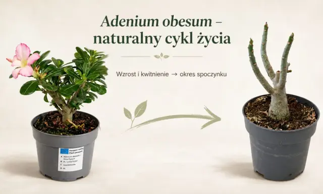 Kwiat pustyni, roślina Adenium obesum, pokazuje swój naturalny cykl życia: od kwitnienia do okresu spoczynku.