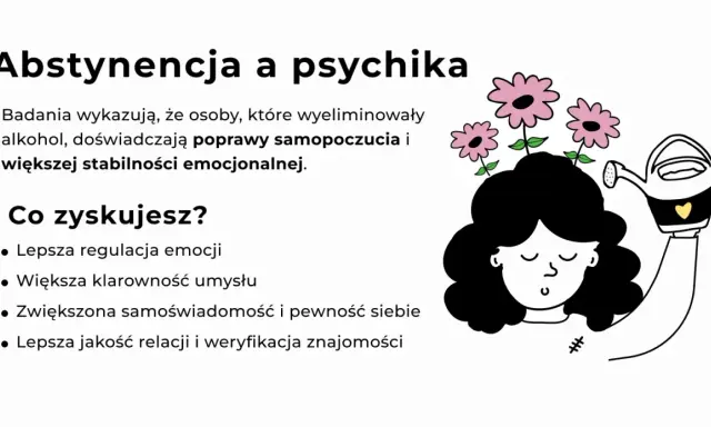 Abstynencja co to? Grafika ilustruje, jak rezygnacja z alkoholu poprawia samopoczucie, stabilność emocjonalną i samoświadomość, niczym podlewanie kwiatów w głowie.