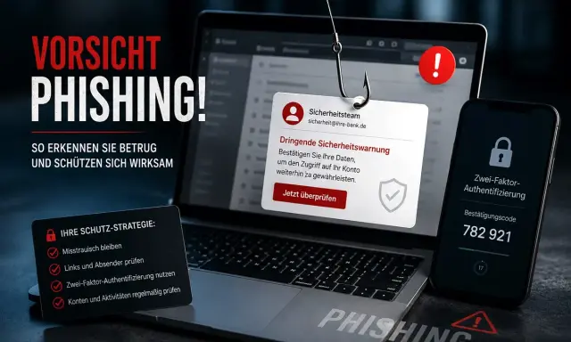 Vorsicht Phishing! Wenn Sie auf einen Betrug reingefallen sind, was tun? Die Grafik zeigt eine Angelrute mit einem Haken, der auf einen Laptop mit einer gefälschten Sicherheitswarnung zielt. Daneben ein Smartphone mit Zwei-Faktor-Authentifizierung.