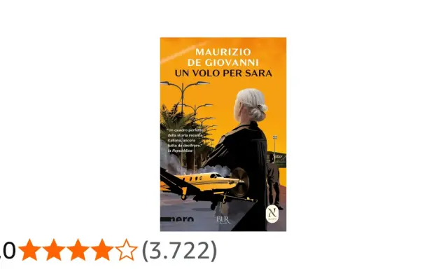 Copertina del libro "Un volo per Sara" di Maurizio de Giovanni. Una donna guarda un aereo privato al tramonto.