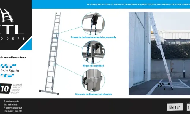 Escalera de aluminio KTL con sistema de deslizamiento mecánico y bloqueo de seguridad, ideal para trabajos en altura. La altura escalon es perfecta para alcanzar cualquier punto.