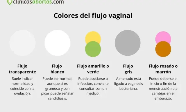 Flujo transparente, blanco, amarillo/verde, gris y rosado/marrón. El flujo transparente, como una regla con moco, suele ser normal.