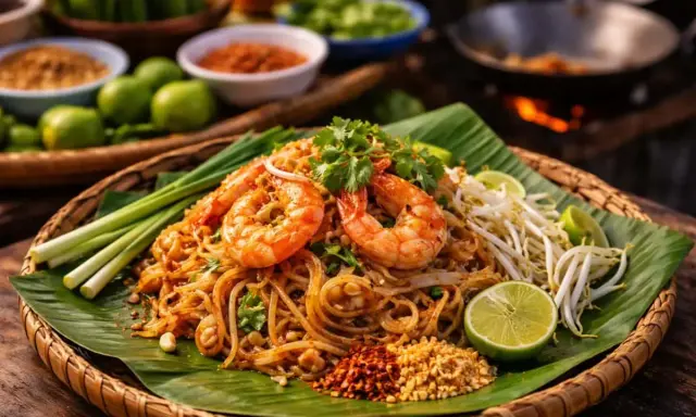 En läcker Pad Thai med räkor, böngroddar, lime och en smakrik pad thai sås. Serveras på bananblad i en korg.
