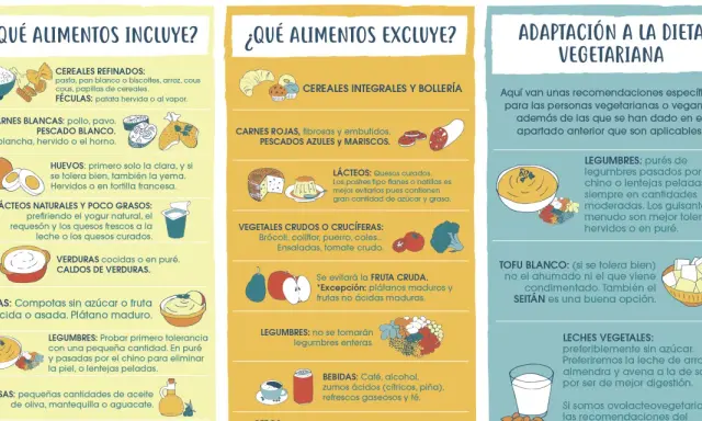 Dieta blanda alimentos: incluye cereales refinados, carnes blancas, pescado blanco, huevos, lácteos naturales y verduras cocidas.