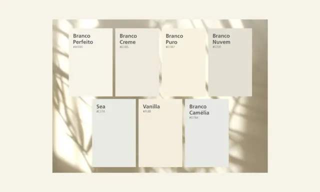 Paleta de colores que muestra cuántos tonos de blanco hay: Branco Perfeito, Creme, Puro, Nuvem, Sea, Vanilla y Camélia.