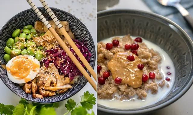 Två skålar med mat rik på fibrer: en poke bowl med tofu, edamame och ägg, samt gröt med lingon och jordnötssmör.