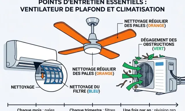 Entretien d'un ventilateur de plafond et d'un climatiseur : nettoyage des pales et des filtres. Le mode fan du climatiseur est essentiel.