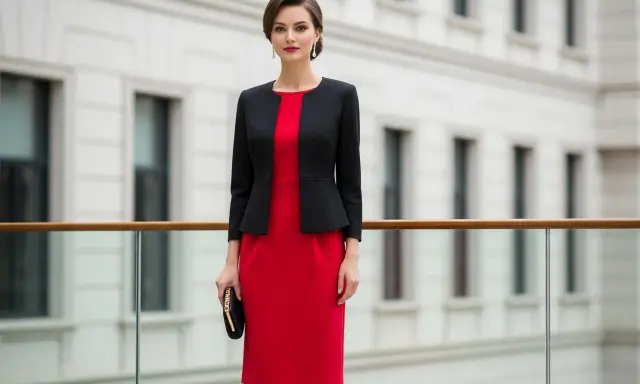 Elegancka kobieta w czerwonej sukience i czarnym żakiecie. Idealna stylizacja, gdy zastanawiasz się, jaki żakiet do czerwonej sukienki pasuje.
