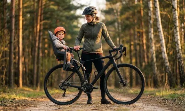 Uśmiechnięte dziecko w kasku siedzi w foteliku rowerowym zamontowanym z tyłu roweru. Mama obok, gotowa na wspólną przejażdżkę po lesie.