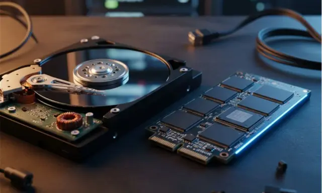 Un disque dur externe SSD et un HDD côte à côte, prêts pour le stockage de données.