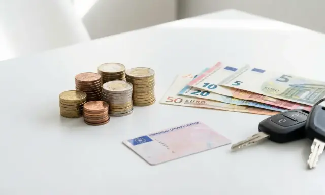 Monedas, billetes de euro, un carnet de precio y llaves de coche sobre una mesa blanca.