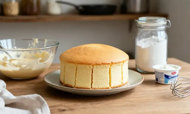 Un délicieux gâteau au yaourt, prêt à être décoré. À côté, un bol de crème, un pot de yaourt et de la farine.