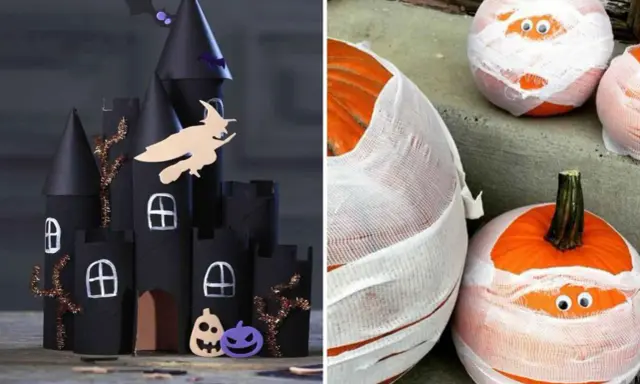 Château noir effrayant et citrouilles momies pour une déco halloween à faire soi-même.