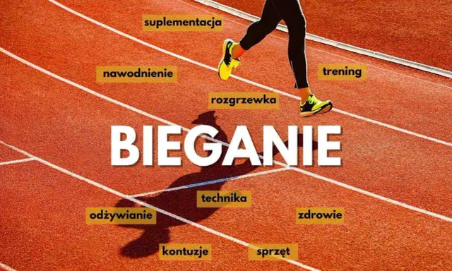 Biegacz na bieżni, który biega na średnim dystansie, otoczony hasłami: suplementacja, nawodnienie, rozgrzewka, trening, odżywianie, technika, zdrowie, kontuzje, sprzęt.