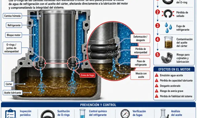 Corte transversal de un bloque motor mostrando la fuga de refrigerante a través de O-rings defectuosos, contaminando el aceite.