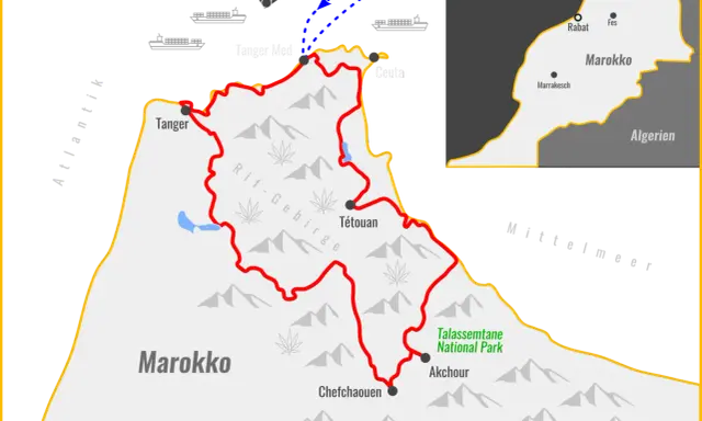 Karte von Marokko mit dem Rif-Gebirge, Tanger, Tétouan, Chefchaouen und dem Talassemtane Nationalpark.
