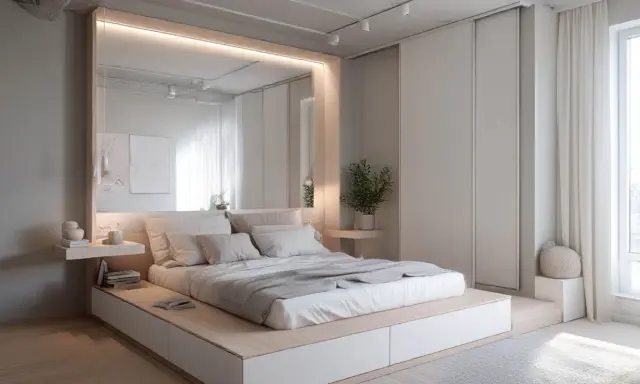 Minimalistyczna, mała sypialnia w bloku z podniesionym łóżkiem i dużym lustrem nad wezgłowiem. Jasne kolory i proste formy tworzą spokojną atmosferę.