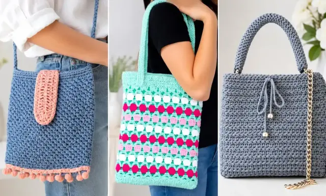 Tres bolsos de ganchillo: uno azul con pompones, otro multicolor y uno gris elegante. Ideas para como hacer bolsos de ganchillo faciles.