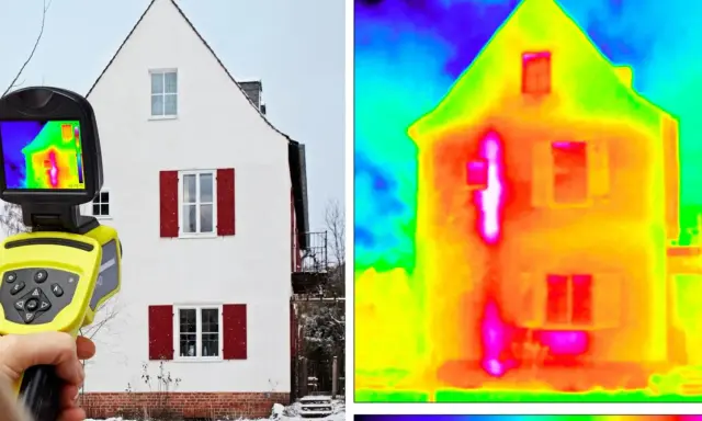 Kamera termowizyjna pokazuje dom z widocznymi ucieczkami ciepła. Jasne plamy wskazują na **mostek termiczny**, gdzie izolacja jest słabsza.