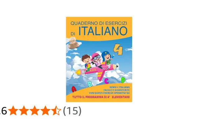 Quaderno di grammatica per la classe quarta, con bambini che volano su un aereo-razzo tra le nuvole.