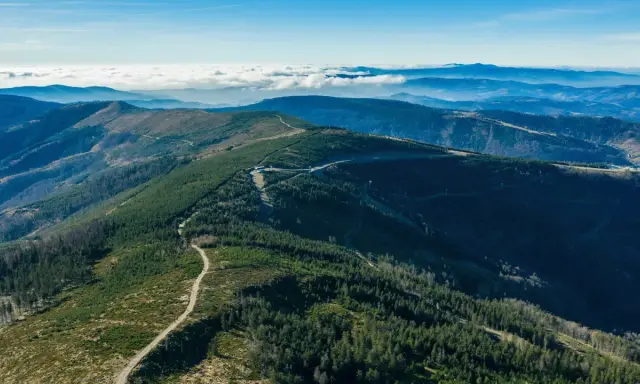 Malowniczy widok ze Skrzycznego na Beskidy. Góry pokryte lasami, a w oddali morze chmur.