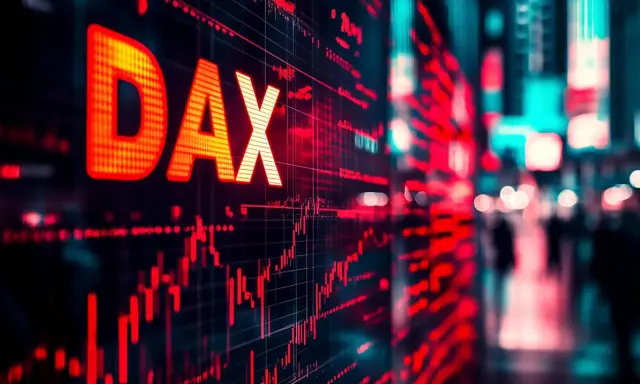Gráfico de bolsa con el logo DAX en rojo brillante sobre un fondo oscuro. Luces de ciudad borrosas al fondo.