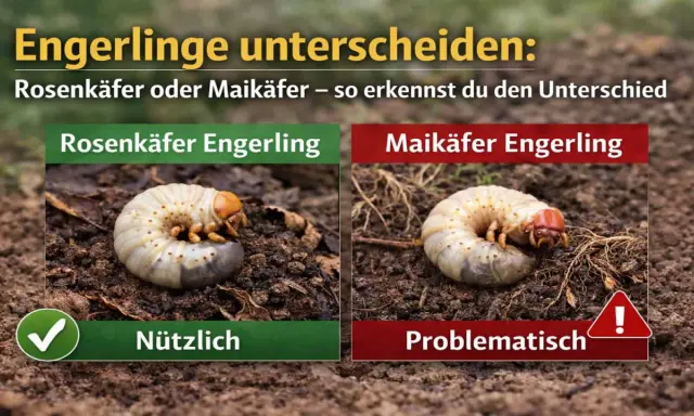 Zwei Engerlinge im Vergleich: Links der nützliche Rosenkäfer-Engerling, rechts der problematische Maikäfer-Engerling. So kannst du sie unterscheiden.