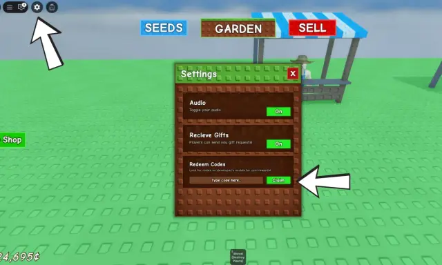 Ustawienia gry z opcją wpisywania kodów do grow a garden, aby zdobyć nagrody.