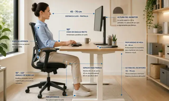 Mujer adulta trabajando en un escritorio ajustable, mostrando la altura ideal del escritorio para adultos y una postura ergonómica.