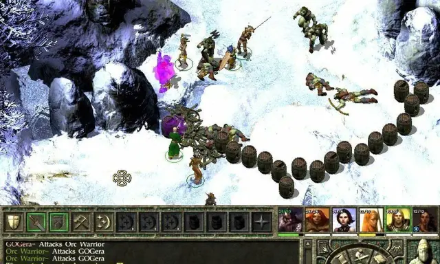 Bitwa w **Icewind Dale 2** na mroźnym pustkowiu. Bohaterowie walczą z orkami, a beczki tworzą strategiczną linię.