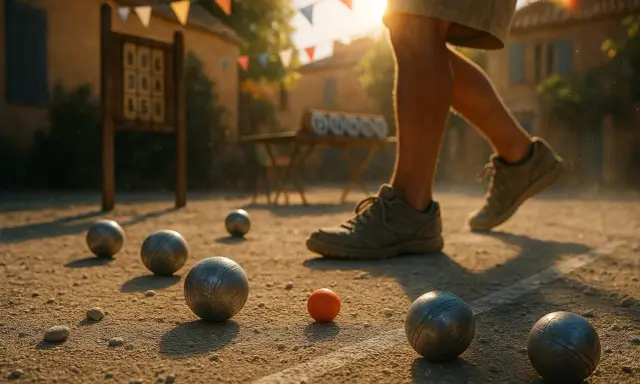 Un joueur s'élance lors d'une compétition de pétanque ensoleillée. Des boules métalliques et une petite cochonnet orange sont dispersés sur le terrain de terre battue.