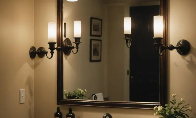 Elegancka lampa wisząca one led w stylu retro oświetla łazienkę, odbijając się w lustrze.