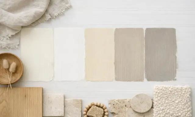 Palette de couleurs douces : échantillons de peinture écru et blanc cassé, bois, pierre et tissu texturé.