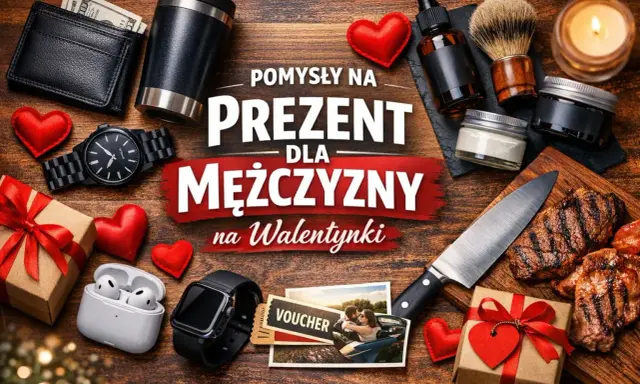 Zestaw prezentów walentynkowych dla mężczyzny: zegarek, słuchawki, portfel, grillowane mięso, kosmetyki.