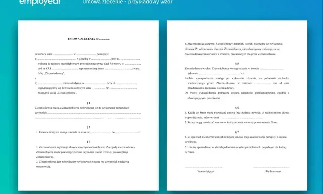 Wzór umowy zlecenia, który może być zawarty przez studenta. Dokument zawiera kluczowe punkty dotyczące obowiązków stron, wynagrodzenia i warunków rozwiązania umowy.
