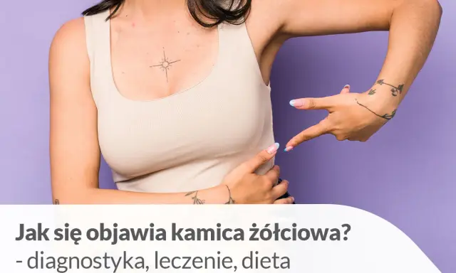 Kobieta wskazuje na brzuch, sugerując problem z kamieniami w woreczku żółciowym.