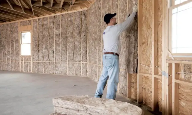 Obrero instala aislamiento en pared de madera. Aprende como aislar una pared para mejorar la eficiencia energética.