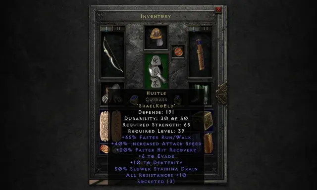 Zbroja "Hustle" z runami w Diablo 2. Szybkość, zwinność i odporność dla bohatera.