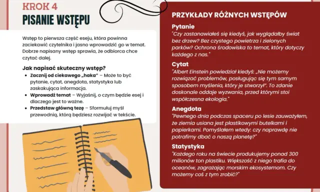 Krok 4: Pisanie wstępu. Przykłady różnych wstępów do eseju: pytanie, cytat, anegdota, statystyka. Jak napisać skuteczny wstęp?