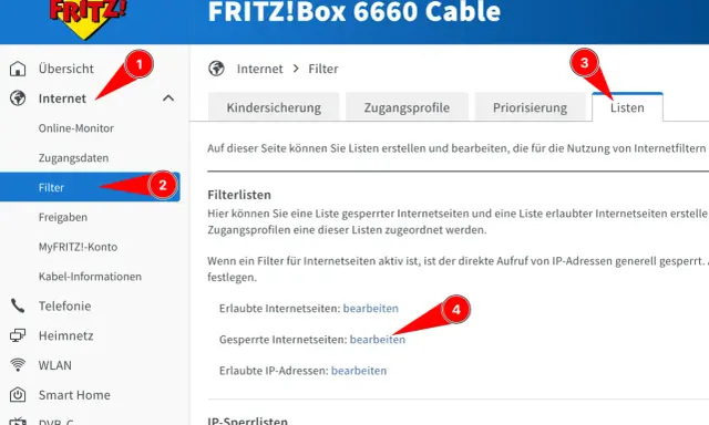 FRITZ!Box: Webseiten sperren im Menü "Internet > Filter". Hier können Sie Listen für gesperrte und erlaubte Seiten erstellen.