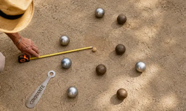 Un joueur mesure la distance entre le cochonnet et les boules lyonnaises. La règle du jeu est respectée.