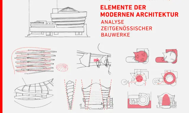 Elemente der modernen Architektur: Skizzen von Gebäuden, Spiralen und technischen Diagrammen, die die Analyse zeitgenössischer Bauwerke illustrieren.