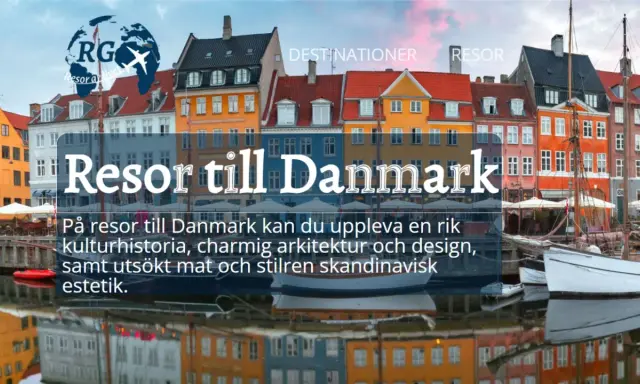 Färgglada hus vid en kanal i Danmark, med texten "Resor till Danmark". Upptäck fina platser i Danmark med rik kulturhistoria och charmig arkitektur.