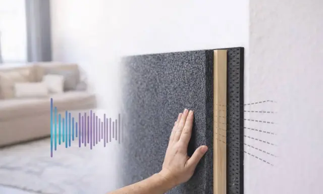 Mano tocando material para aislar ruido. Gráfico de sonido muestra cómo se reduce.