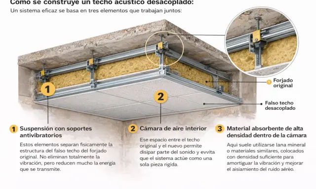 Detalle de cómo insonorizar un techo con suspensión antivibratoria, cámara de aire y material absorbente.